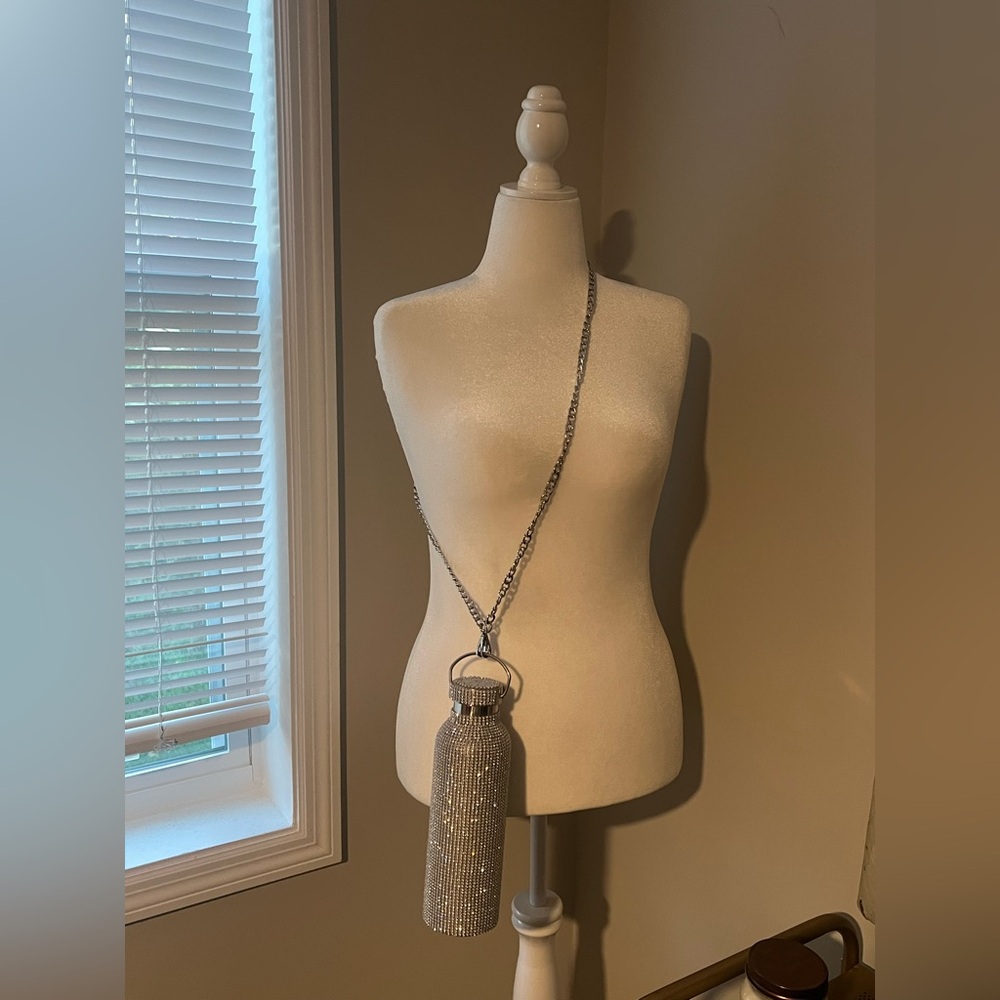 Silver Rhinestone Water Bottle with Chain Strap